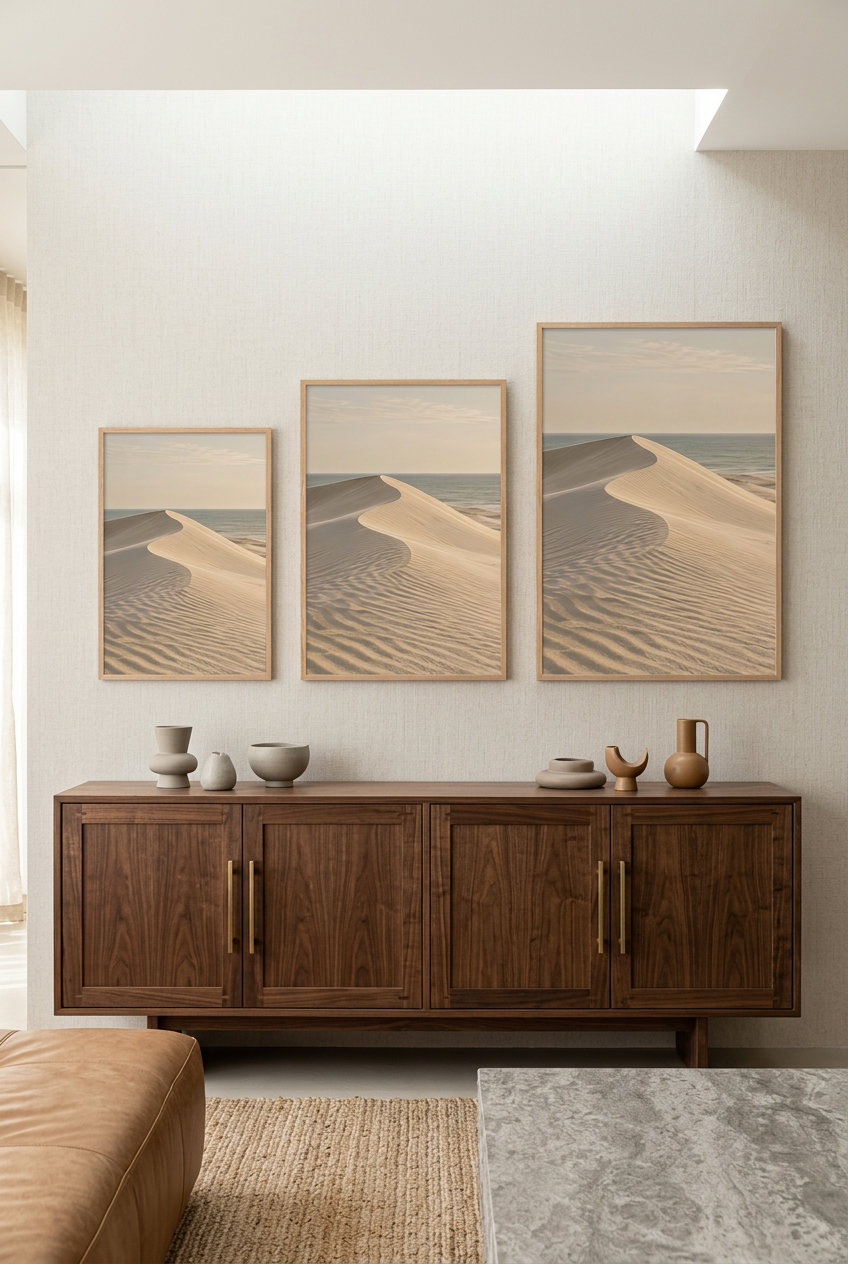The Sand Crest — poster in an oak frame in three sizes side by side