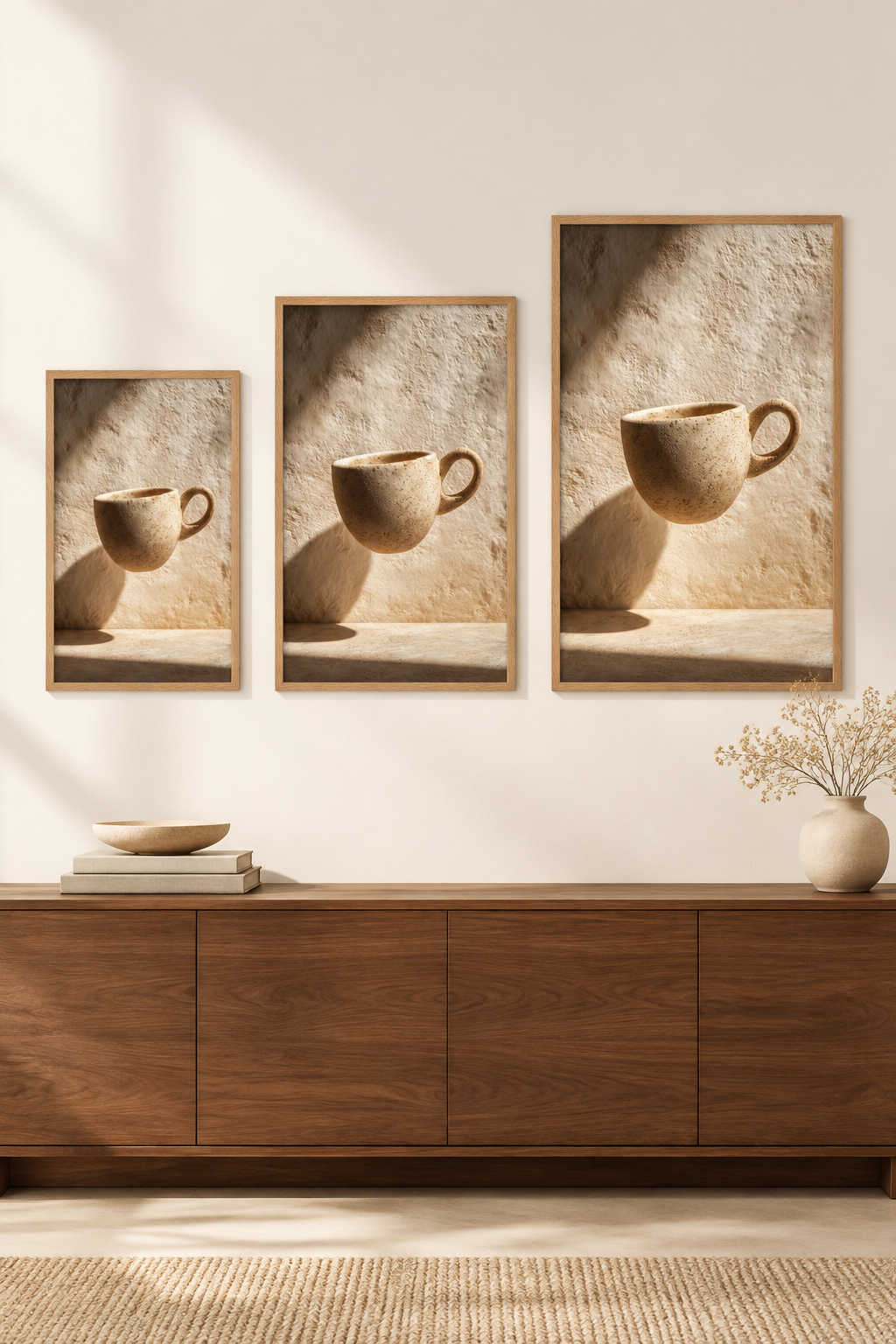 The Floating Cup in three sizes on one wall