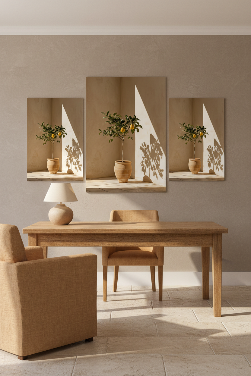 Affiche Le Citronnier de Terre Cuite dans une composition de trois affiches au-dessus d'une console en travertin — citronnier en jarre de terre cuite dans l'angle d'un mur ocre