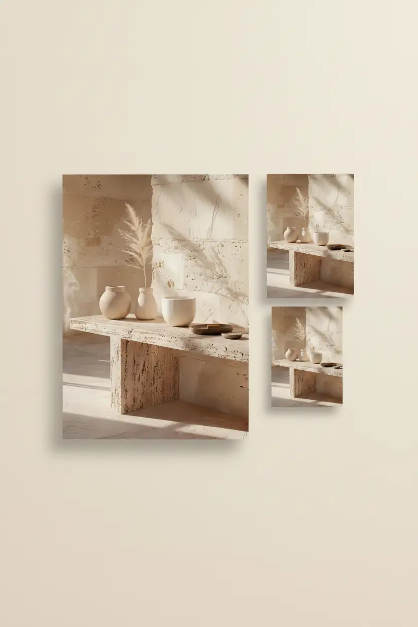 La Table de Travertin — Affiche murale minimaliste table sculpturale travertin pampa céramiques minéral, affiche murale minimaliste avec cadre bois, décoration murale salon ou chambre, style méditerranéen