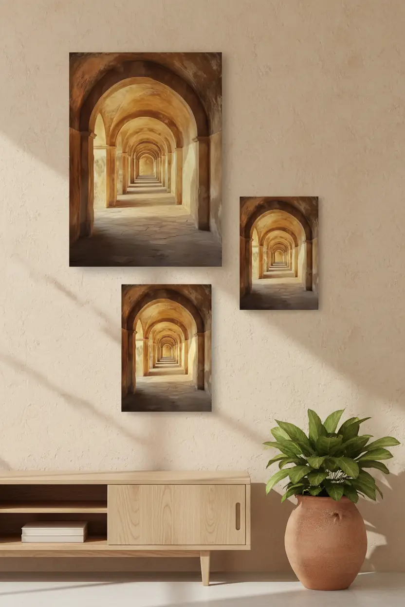 L’Arcade — Affiche murale minimaliste sable ocre arches romaines perspective — affiche murale minimaliste | Cassili-home