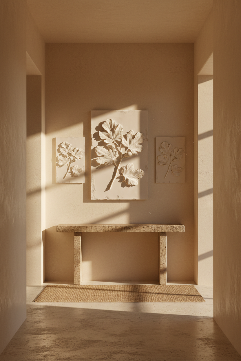 Affiche Le Relief du Figuier dans une composition de trois affiches au-dessus d'une console en travertin — bas-relief de figuier sculpté dans une plaque de plâtre ivoire
