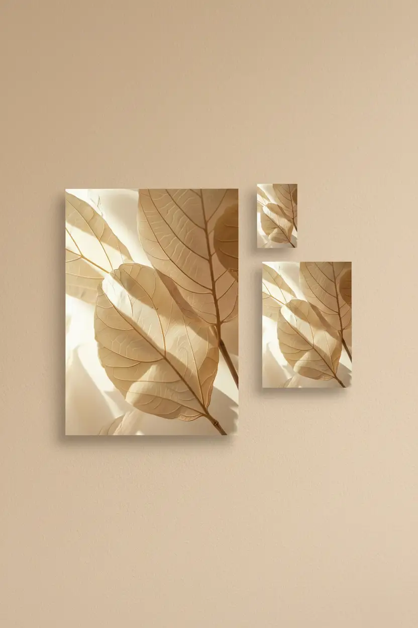 L’Ombre des Feuilles — Affiche murale minimaliste beige sable feuilles ombres dorées, affiche murale minimaliste avec cadre bois, décoration murale salon ou chambre, style méditerranéen