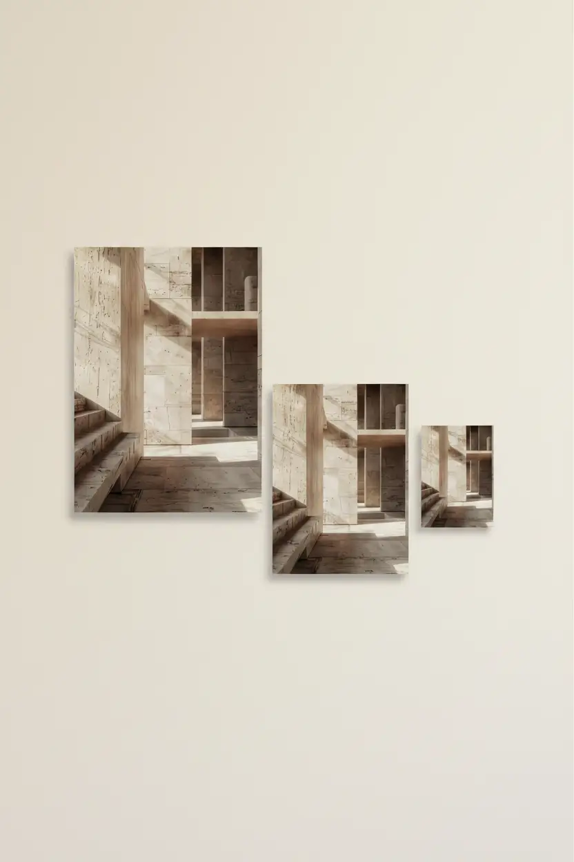 La Galerie de Pierre — Affiche murale minimaliste travertin piliers galerie escalier architecture, affiche murale minimaliste avec cadre bois, décoration murale salon ou chambre, style méditerranéen