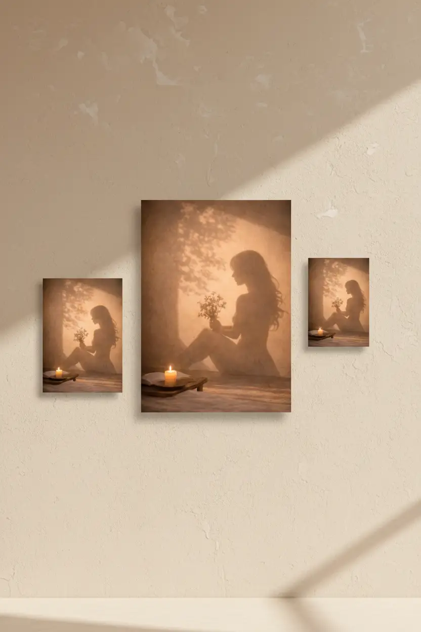 L’Offrande — Affiche murale minimaliste silhouette féminine lumière dorée, affiche murale minimaliste avec cadre bois, décoration murale salon ou chambre, style méditerranéen