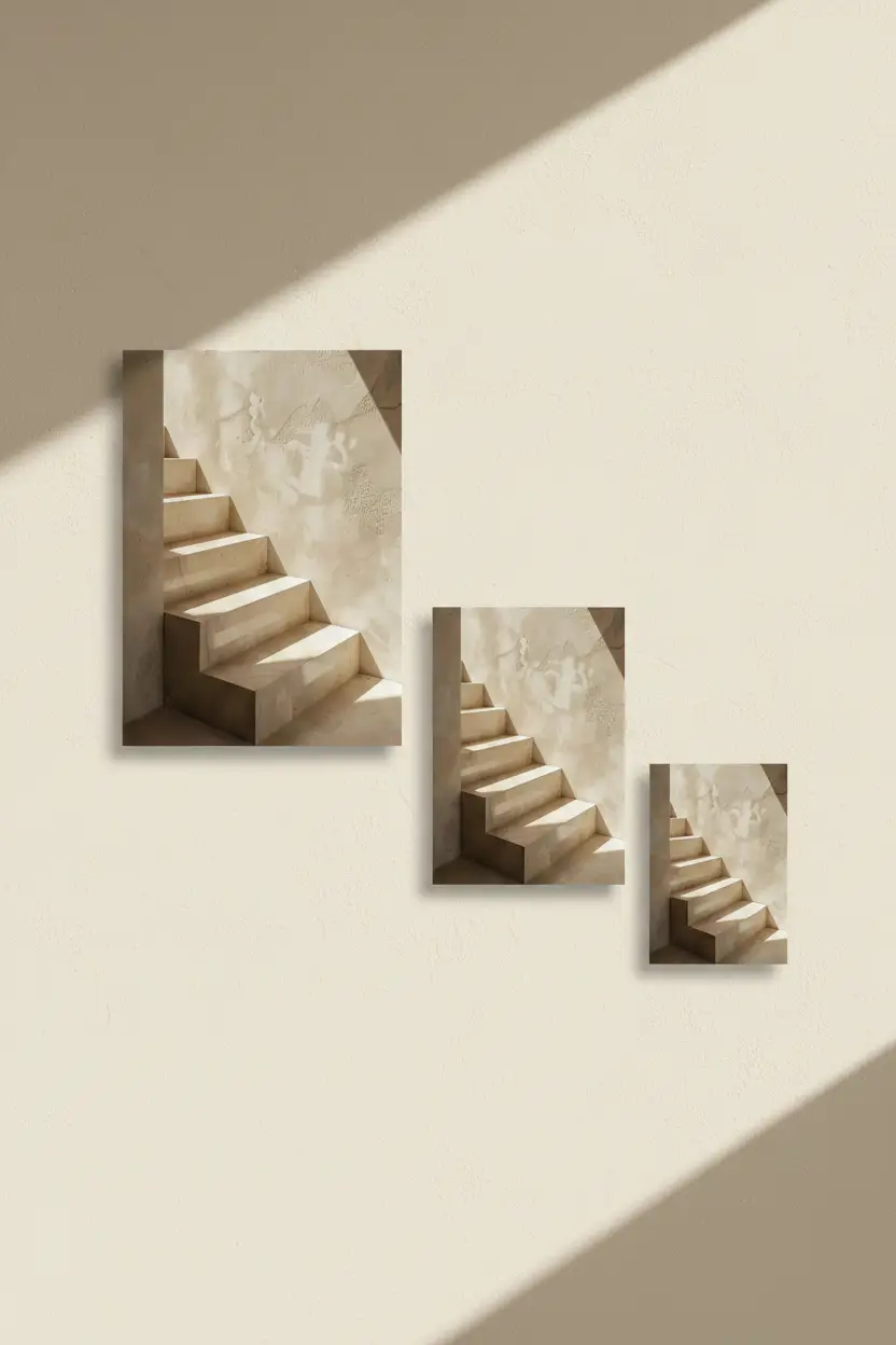 L’Escalier de Nacre — Affiche murale minimaliste escalier tadelakt ivoire lumière architecture, affiche murale minimaliste avec cadre bois, décoration murale salon ou chambre, style méditerranéen