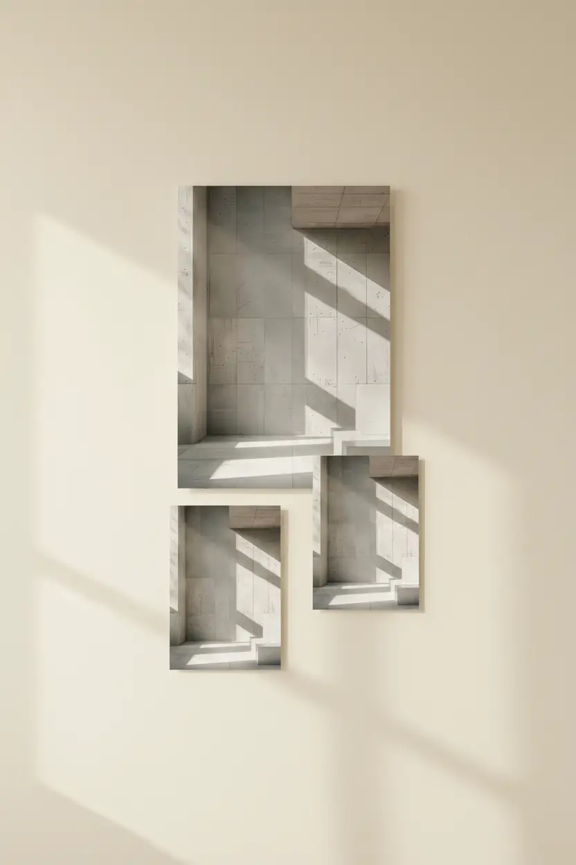 L’Angle de Béton — Affiche murale minimaliste béton brutaliste ombres géométriques architecture, affiche murale minimaliste avec cadre bois, décoration murale salon ou chambre, style méditerranéen