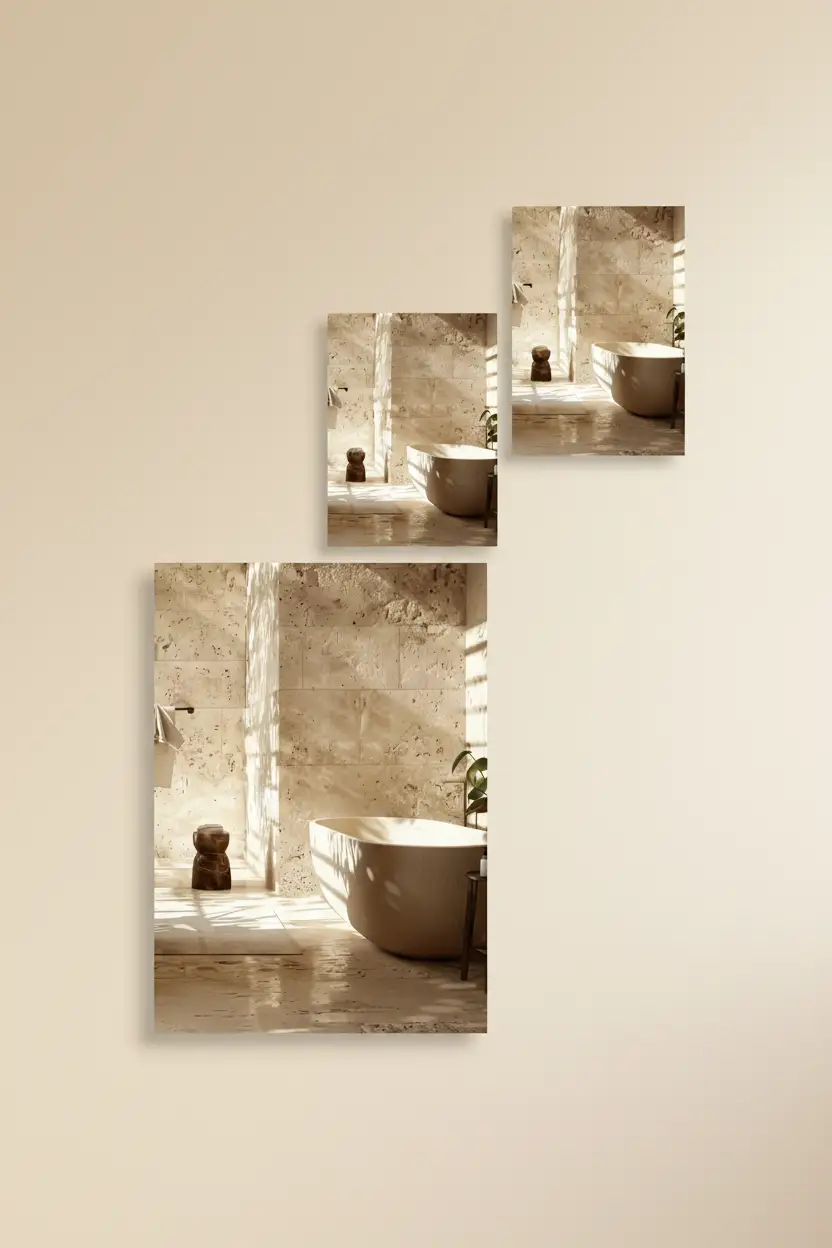 La Salle de Travertin — Affiche murale minimaliste salle de bain travertin brut baignoire îlot lumière architecture, affiche murale minimaliste avec cadre bois, décoration murale salon ou chambre, style méditerranéen