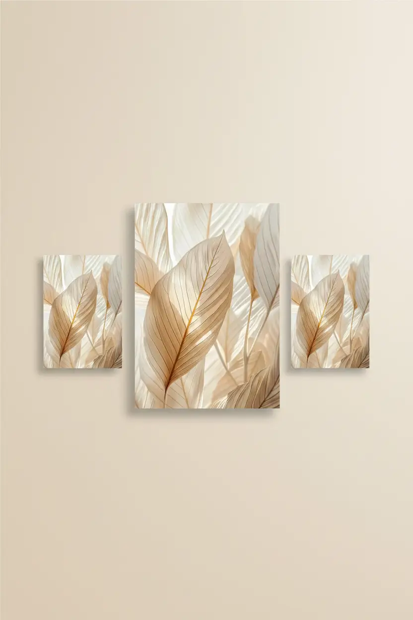 Le Velours Végétal — Affiche murale minimaliste sable ivoire feuilles nervures dorées, affiche murale minimaliste avec cadre bois, décoration murale salon ou chambre, style méditerranéen