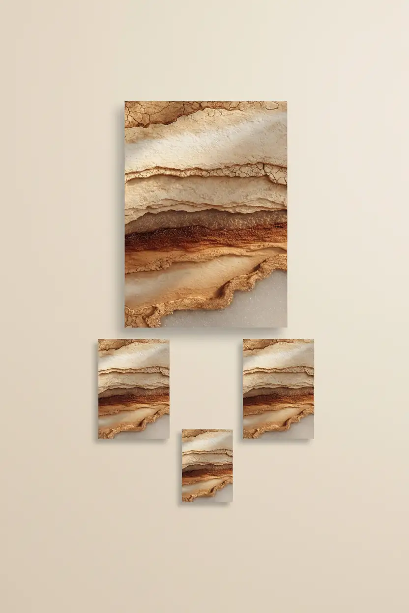 Les Strates de l’Ocre — Affiche murale minimaliste macro strates sédimentaires grès ocre brun lumière rasante minéral, affiche murale minimaliste avec cadre bois, décoration murale salon ou chambre, style méditerranéen