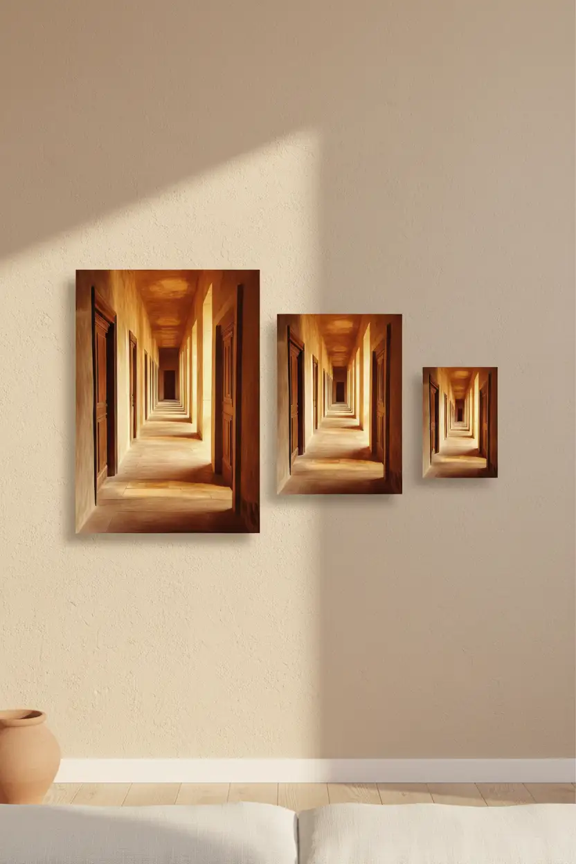 Le Couloir — Affiche murale minimaliste terracotta sable portes bois perspective — affiche murale minimaliste | Cassili-home