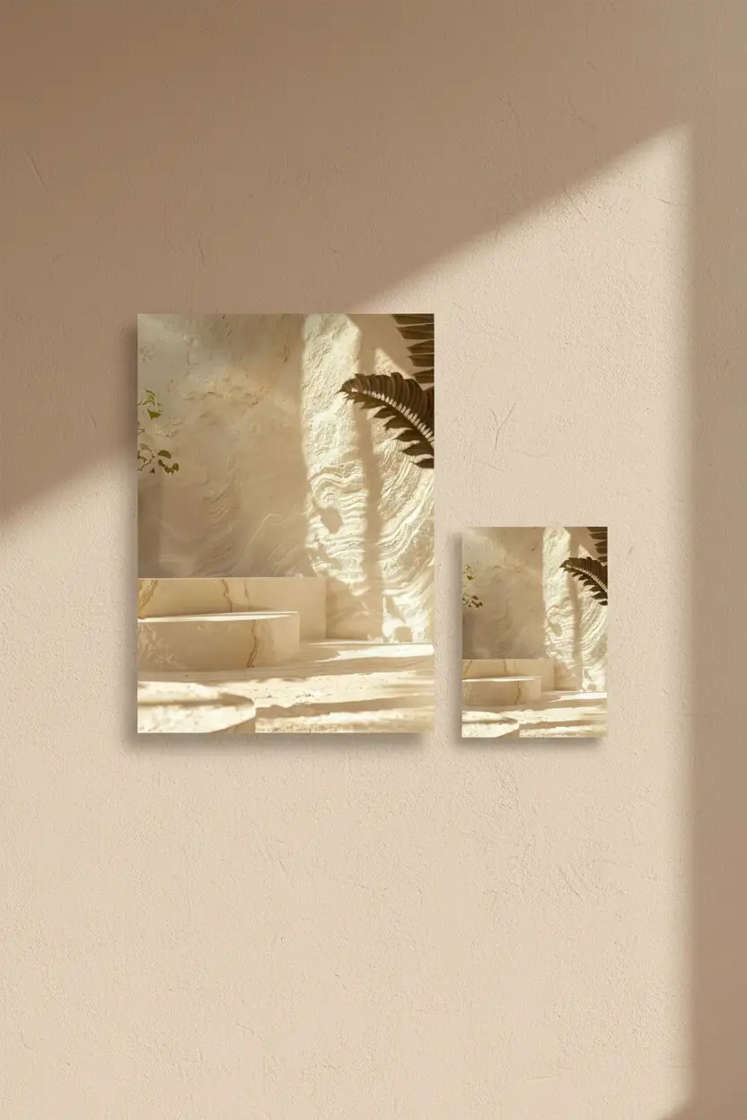 La Cour de Lumière — Affiche murale minimaliste travertin crépi sable ombre fougère méditerranéenne, affiche murale minimaliste avec cadre bois, décoration murale salon ou chambre, style méditerranéen