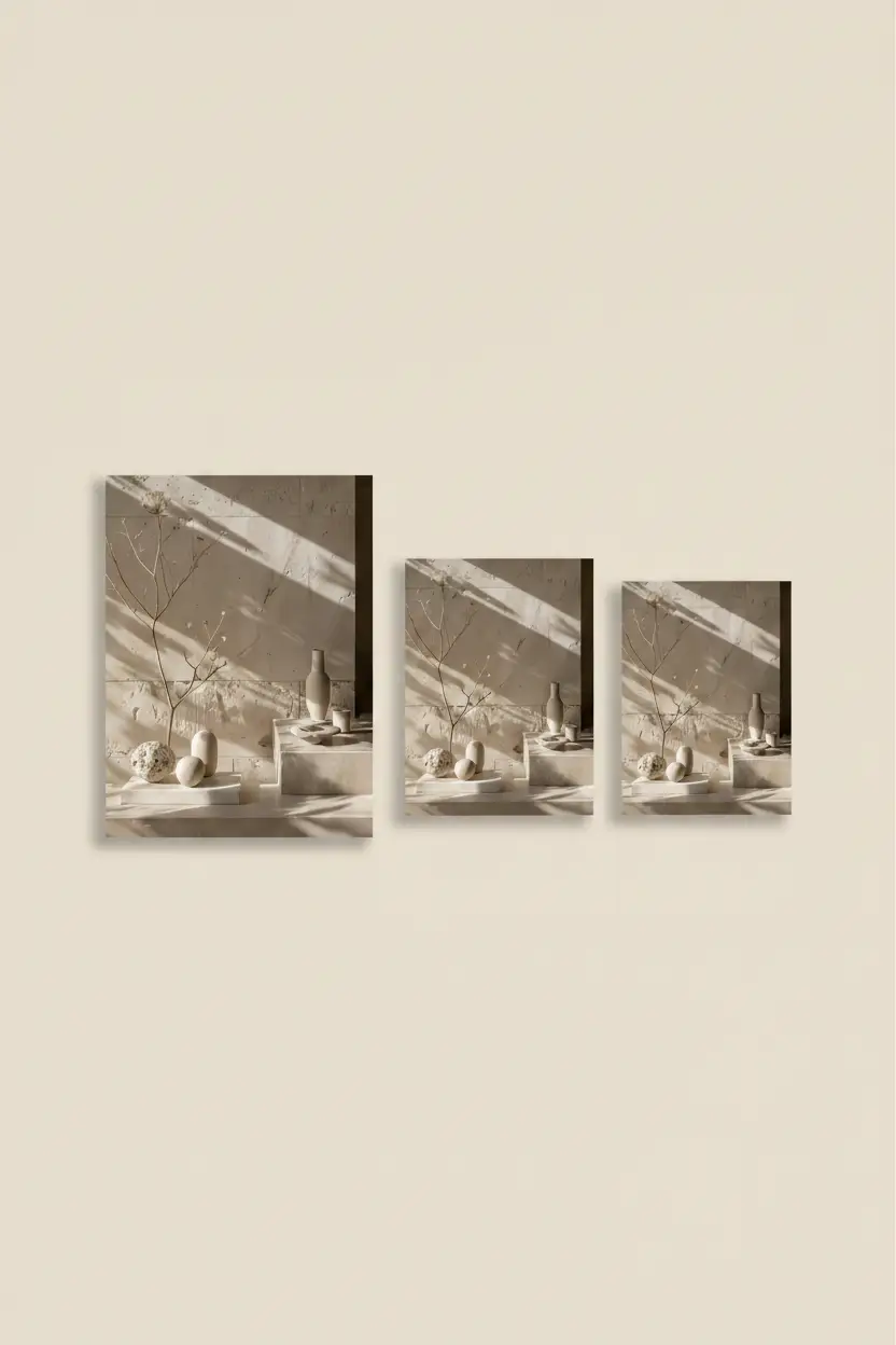 La Composition du Soir — Affiche murale minimaliste travertin sphères céramiques végétal minéral, affiche murale minimaliste avec cadre bois, décoration murale salon ou chambre, style méditerranéen
