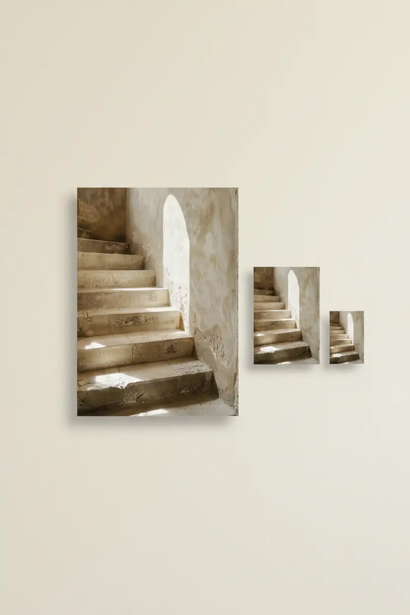 L’Arche de Pierre — Affiche murale minimaliste escalier pierre brute arche lumière architecture, affiche murale minimaliste avec cadre bois, décoration murale salon ou chambre, style méditerranéen