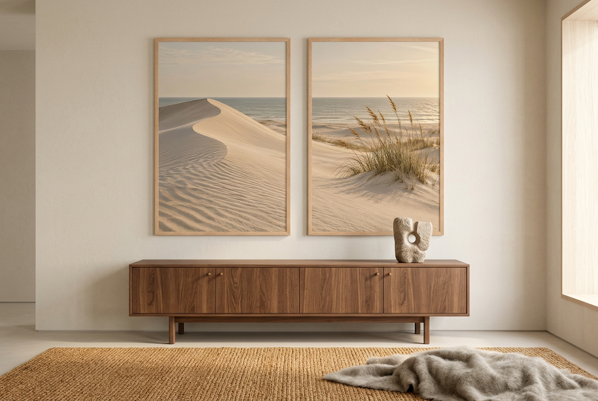 The Marram Beach — wall diptych in oak frames above a sideboard