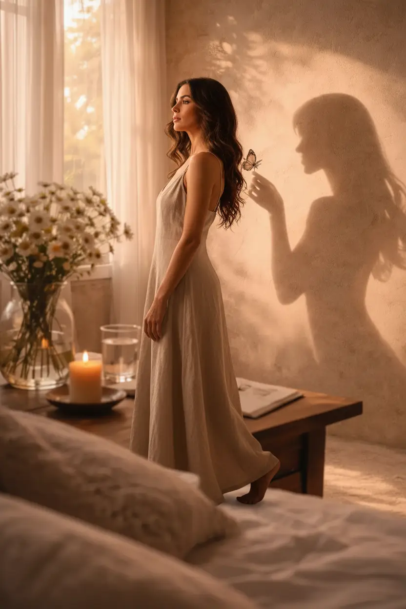 L’Instant Fragile — Affiche murale minimaliste silhouette féminine papillon lumière dorée, affiche murale minimaliste avec cadre bois, décoration murale salon ou chambre, style méditerranéen