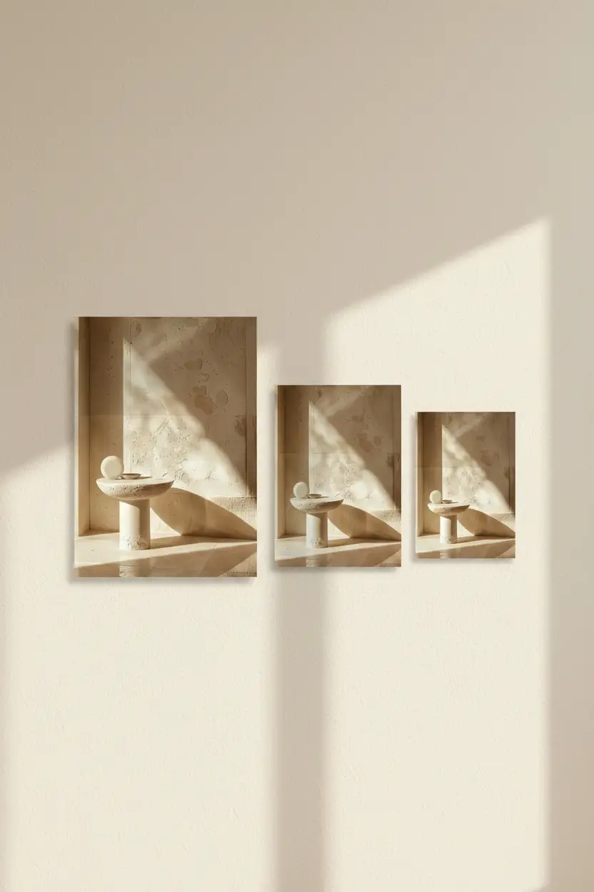 L’Autel de Pierre — Affiche murale minimaliste travertin table sculpturale sphère ivoire minéral, affiche murale minimaliste avec cadre bois, décoration murale salon ou chambre, style méditerranéen