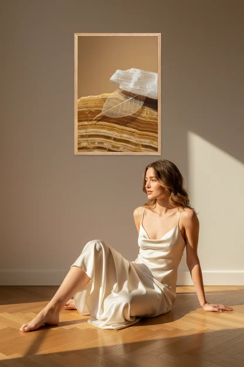 Sélénite & Feuille — Affiche murale minimaliste blanc et miel caramel texture minérale — affiche murale minimaliste | Cassili-home