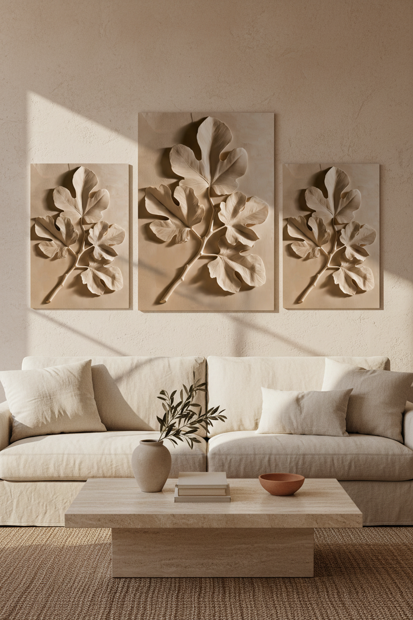 Affiche Le Figuier de Plâtre dans une composition de trois affiches au-dessus d'une console en travertin — feuille de figuier sculptée à même un mur d'enduit sable
