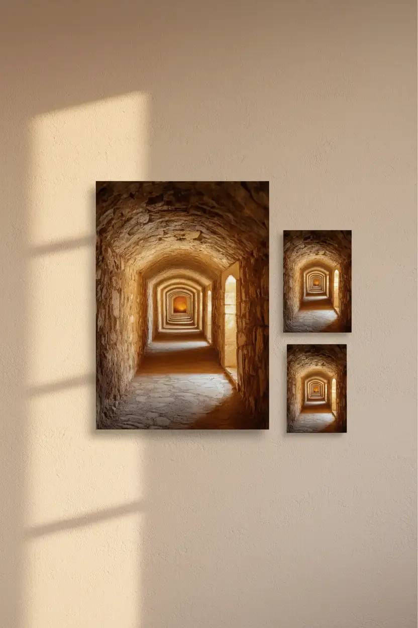 La Crypte — Affiche murale minimaliste sable brun voûtes pierre brute lumière dorée — affiche murale minimaliste | Cassili-home
