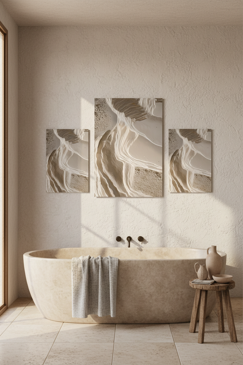 Affiche L'Escarpement Blanc dans une composition de trois affiches au-dessus d'une console en travertin — strates de plâtre blanc séparées par une ligne d'ombre