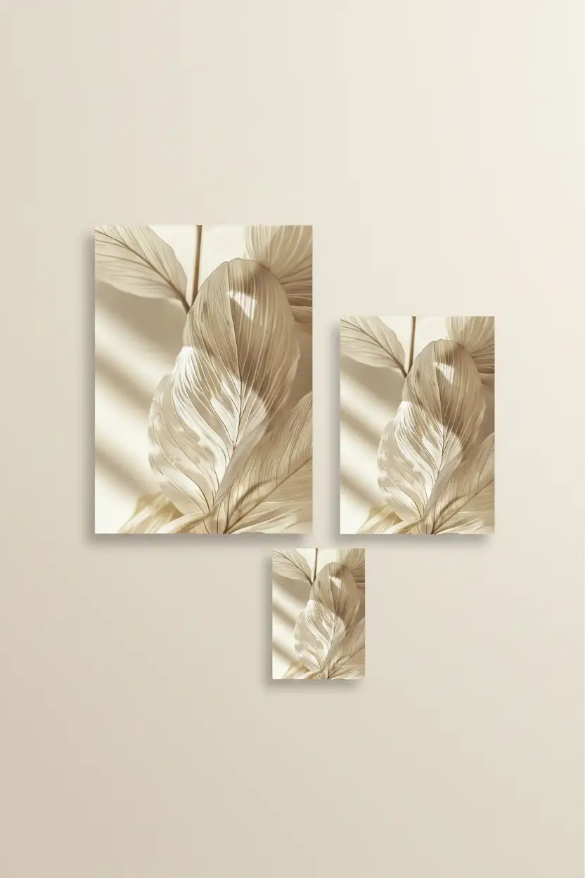 La Feuille Sculptée — Affiche murale minimaliste ivoire feuille ondulée texture sculptée, affiche murale minimaliste avec cadre bois, décoration murale salon ou chambre, style méditerranéen