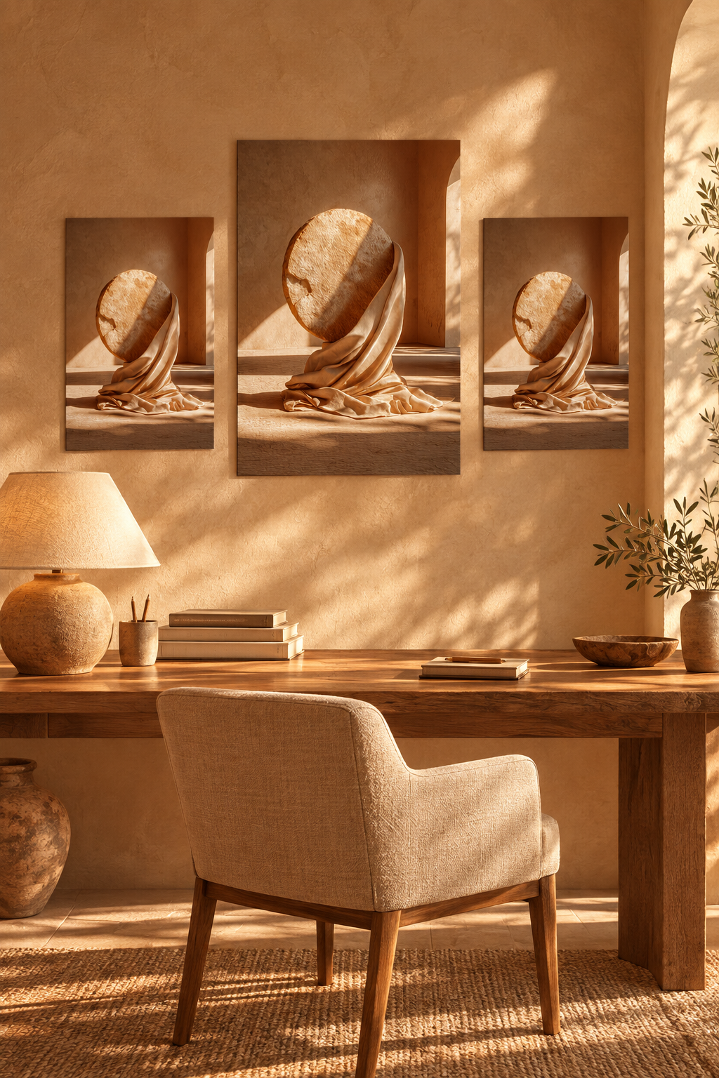 Poster The Wrapped Sphere — veined stone sphere resting on drapery, in three sizes lined up on a wall