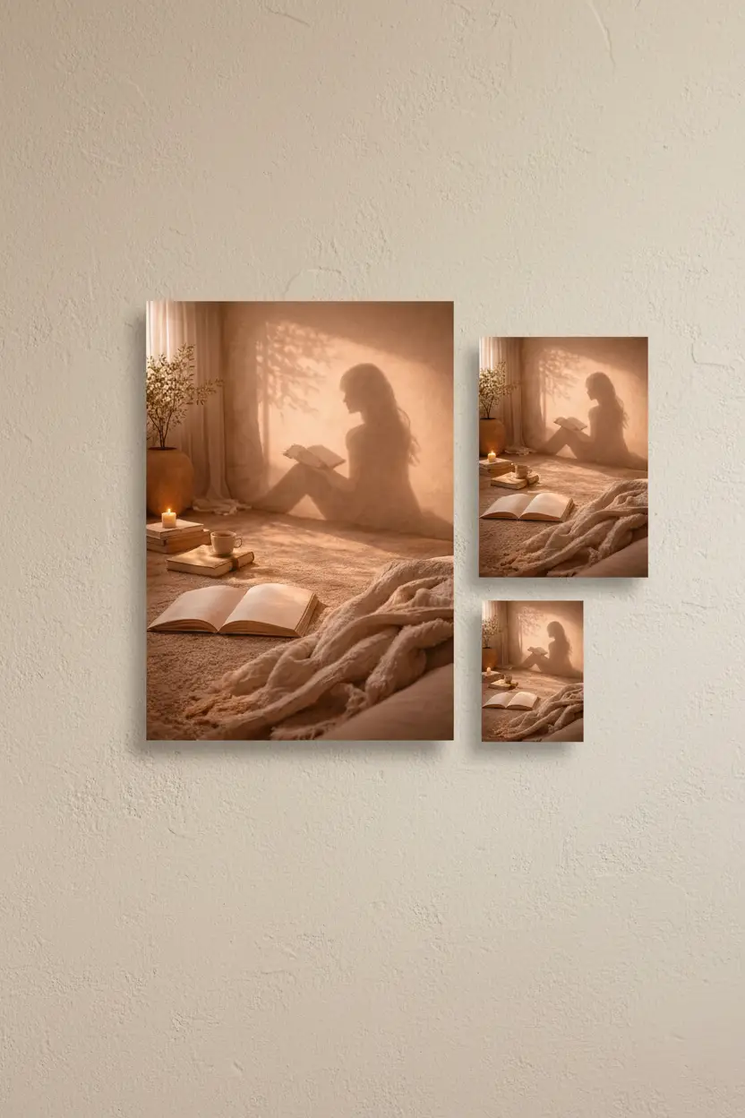 La Liseuse — Affiche murale minimaliste silhouette féminine lumière dorée, affiche murale minimaliste avec cadre bois, décoration murale salon ou chambre, style méditerranéen