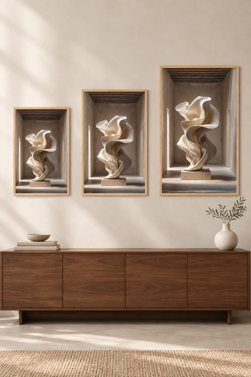 Het Ivoorkleurige Doek in drie formaten aan één muur