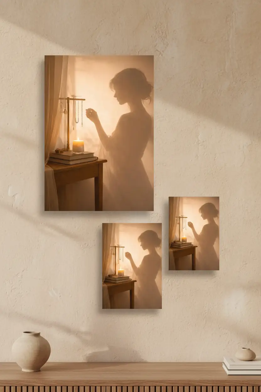 La Parure — Affiche murale minimaliste silhouette féminine lumière dorée, affiche murale minimaliste avec cadre bois, décoration murale salon ou chambre, style méditerranéen