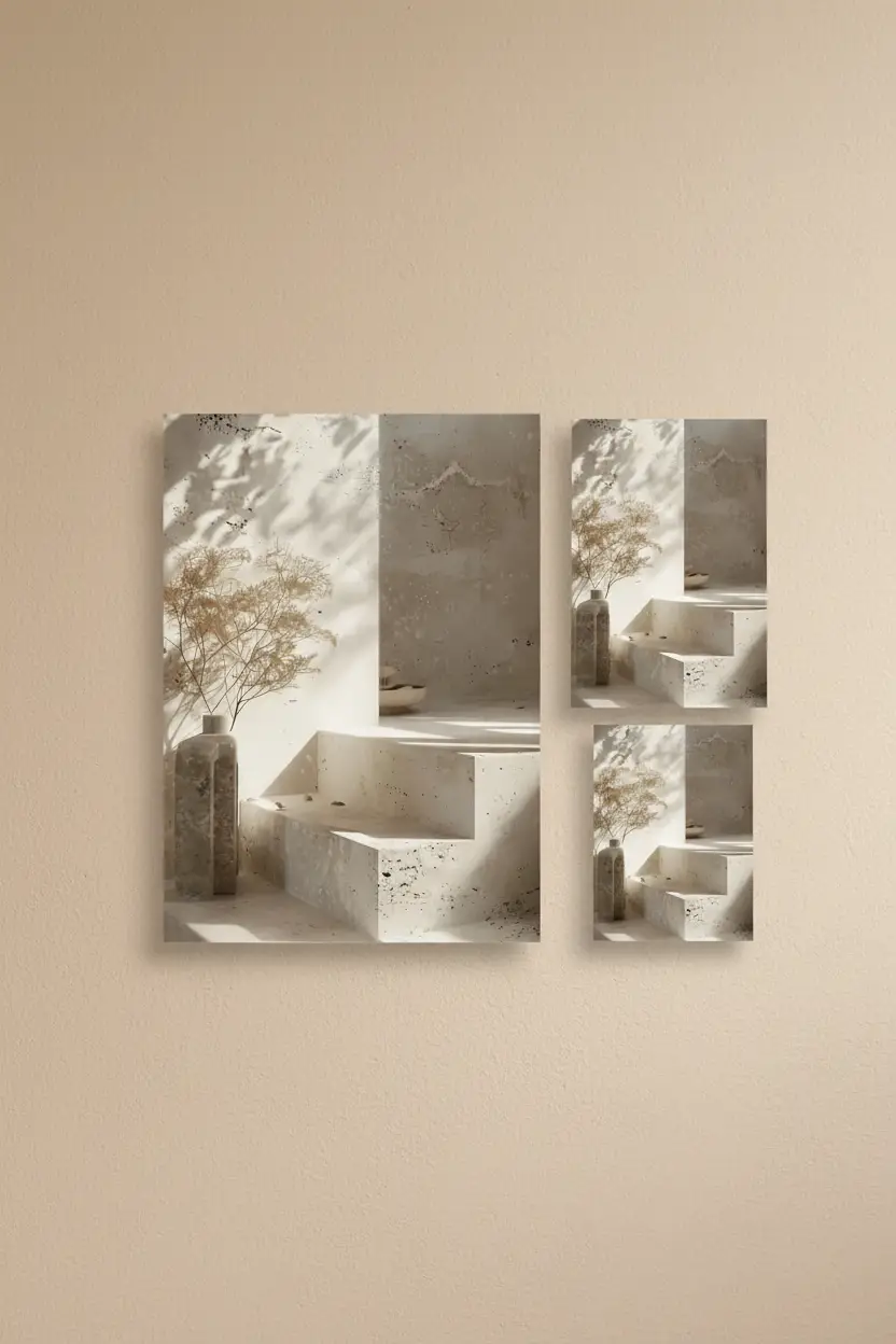 Le Vase et l’Escalier — Affiche murale minimaliste travertin sable architecture méditerranéenne, affiche murale minimaliste avec cadre bois, décoration murale salon ou chambre, style méditerranéen