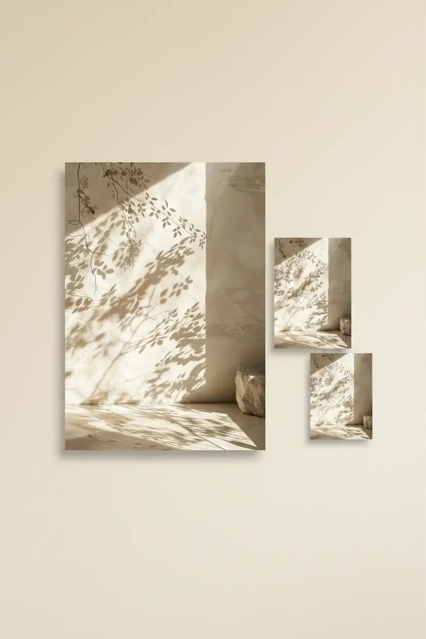 Le Coin du Lierre — Affiche murale minimaliste ombres feuillage lierre enduit ivoire lumière diagonale végétal, affiche murale minimaliste avec cadre bois, décoration murale salon ou chambre, style méditerranéen