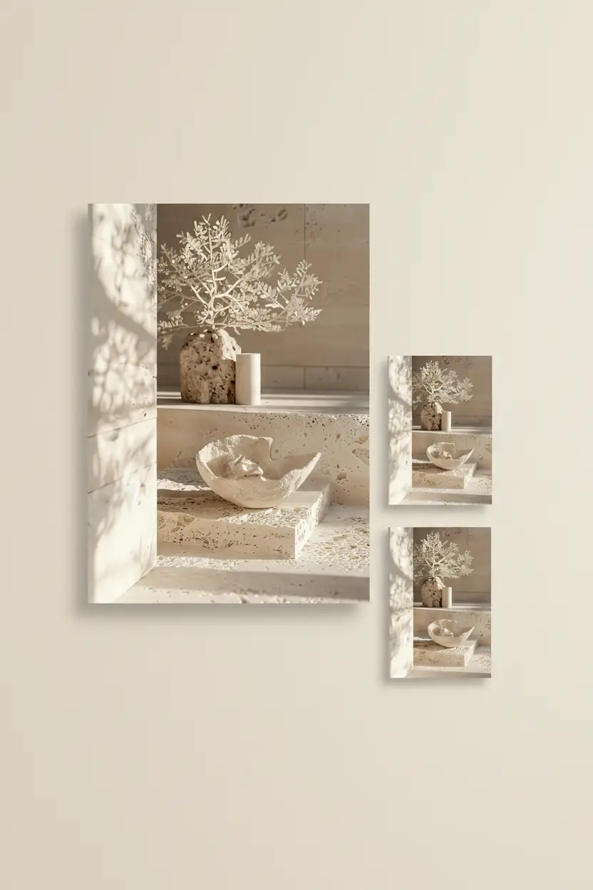 Der Weiße Altar – Minimalistisches Wandbild aus Elfenbein mit Korallenbaum