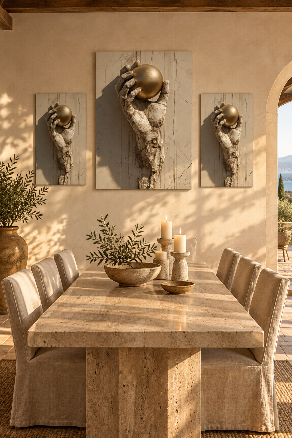 Poster The Held Orb — golden orb held by a hand of stone, in three sizes lined up on a wall