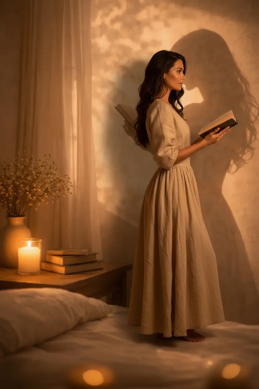 Le Livre du Soir — Affiche murale minimaliste silhouette féminine lumière dorée, affiche murale minimaliste avec cadre bois, décoration murale salon ou chambre, style méditerranéen