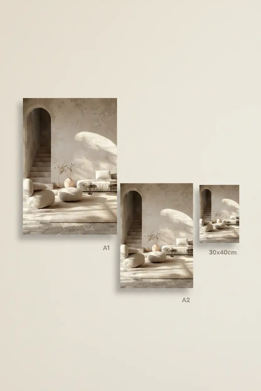 Le Salon de l’Arche — Affiche murale minimaliste salon méditerranéen arche escalier galets sculptés ombres architecture, affiche murale minimaliste avec cadre bois, décoration murale salon ou chambre, style méditerranéen