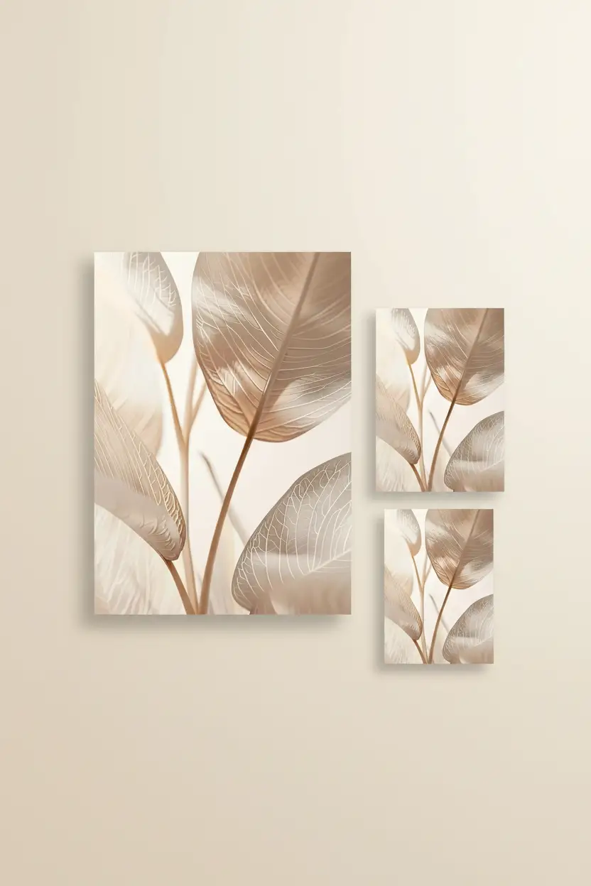 Les Feuilles d’Ivoire — Affiche murale minimaliste sable champagne végétal translucide, affiche murale minimaliste avec cadre bois, décoration murale salon ou chambre, style méditerranéen