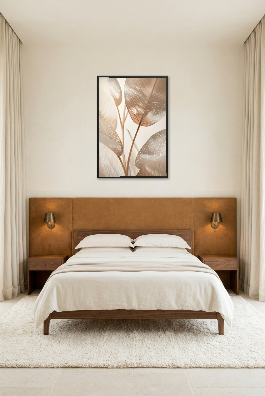 Les Feuilles d’Ivoire — poster in zwarte lijst in een slaapkamer