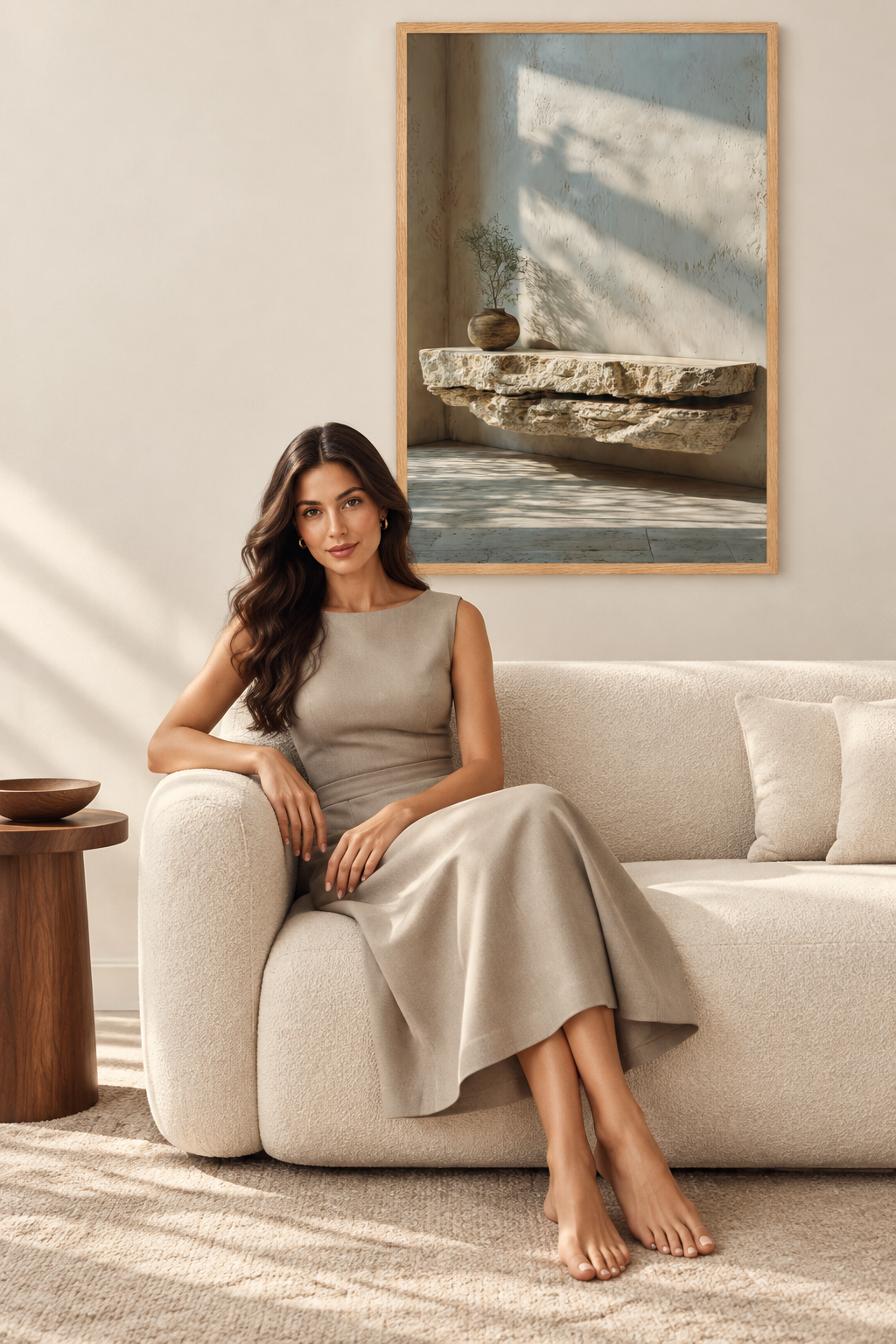 The Travertine Shelf — Égérie Cassili sitting on a sofa below it
