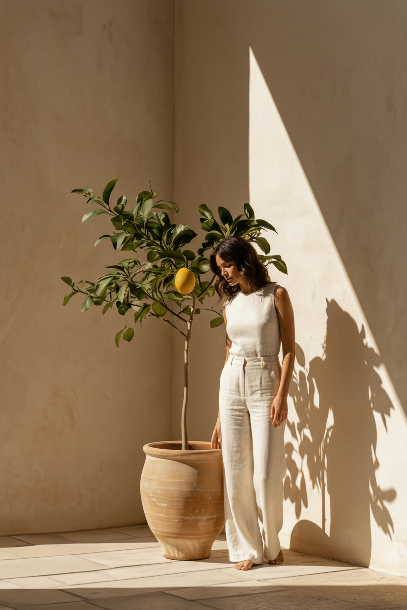 Affiche Le Citronnier de Terre Cuite encadrée blanc sur un mur ocre, à hauteur de regard — citronnier en jarre de terre cuite dans l'angle d'un mur ocre