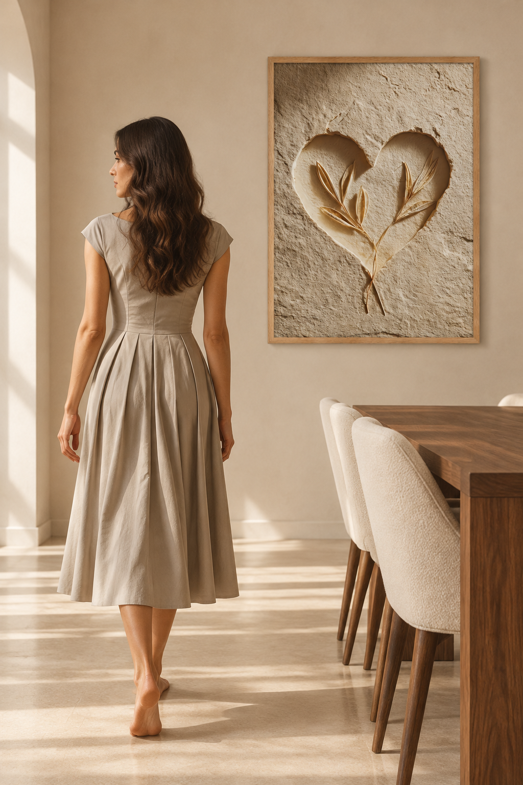 The Two-Branch Heart — Égérie Cassili seen from behind, walking through a dining room, facing it
