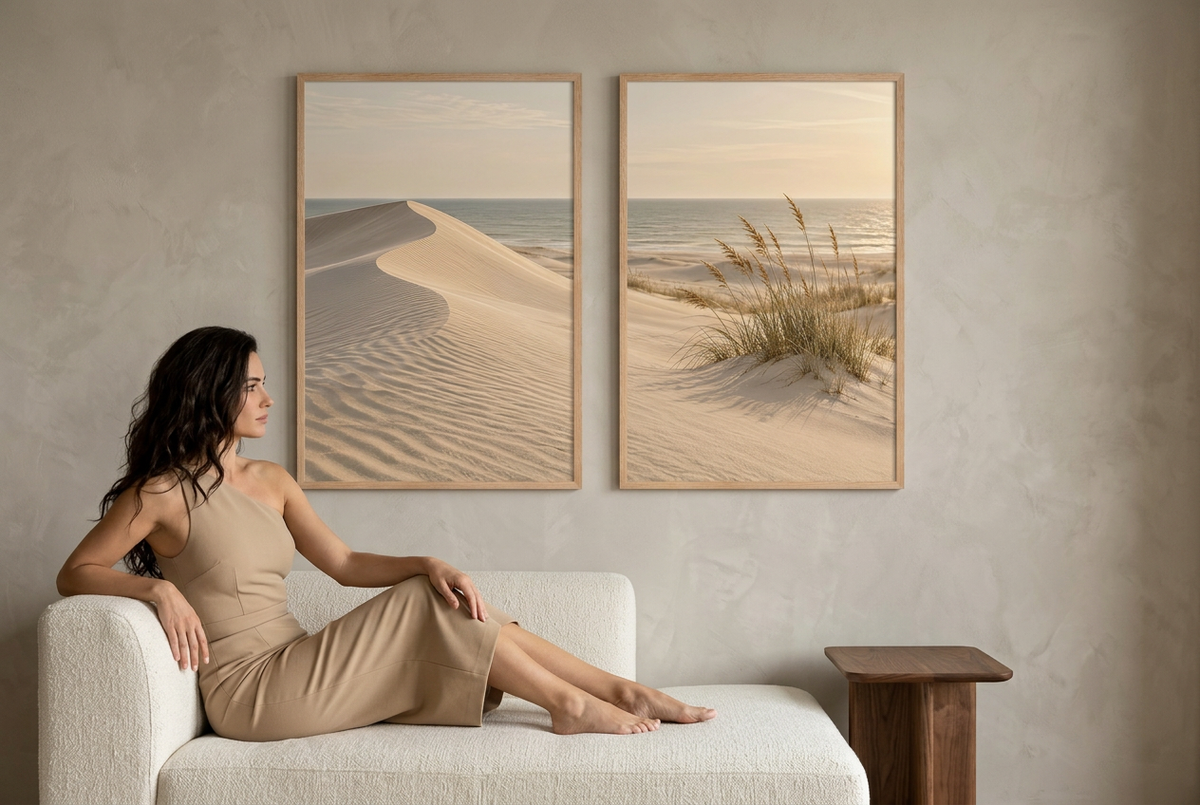 The Marram Beach — wall diptych in oak frames in a living room, with a seated woman