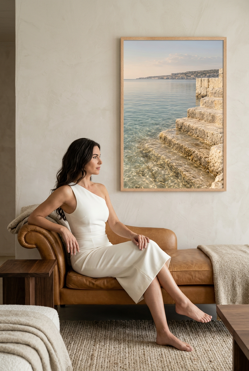 Steps into the Water — poster in an oak frame in a living room, with a seated woman