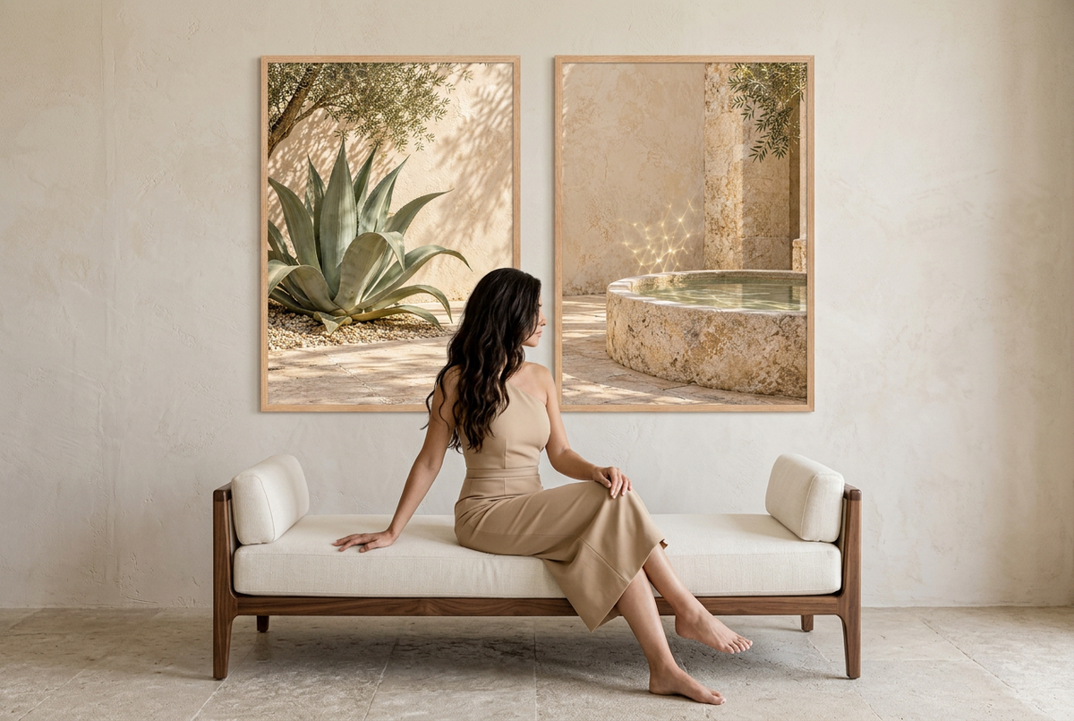 The Shaded Patio — wall diptych in oak frames in a living room, with a seated woman