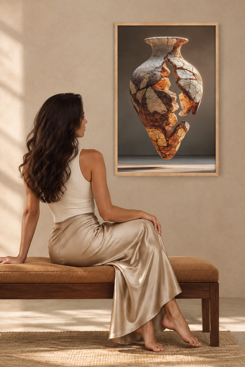 The Crackled Amphora — Égérie Cassili seen from behind, sitting on a bench below it