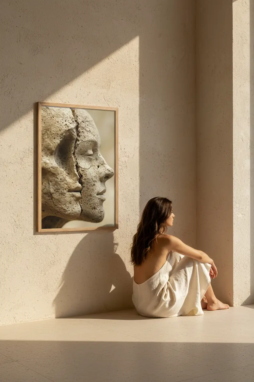 Fracture — Affiche murale minimaliste beige sable visages pierre calcaire — affiche murale minimaliste | Cassili-home