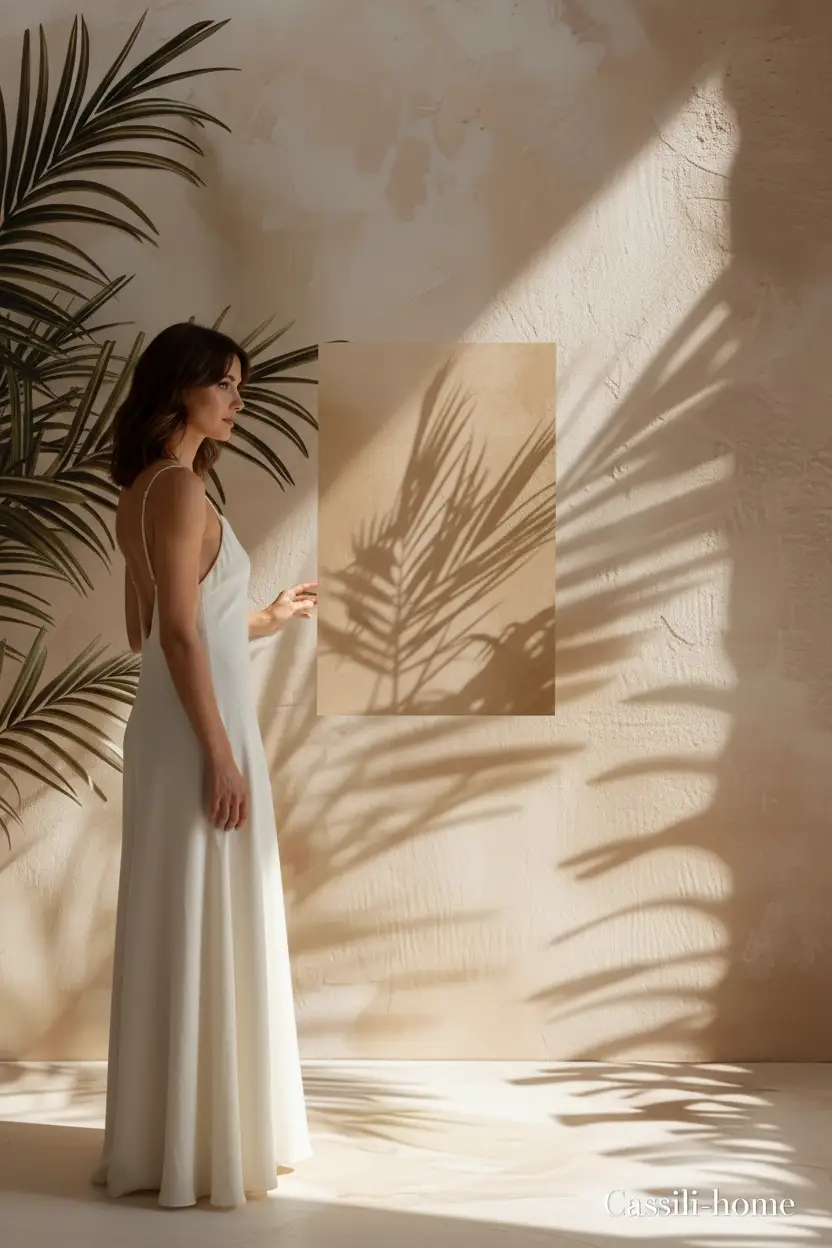 L'Areca et son Ombre — Affiche murale minimaliste sable végétal, affiche murale minimaliste avec cadre bois, décoration murale salon ou chambre, style méditerranéen