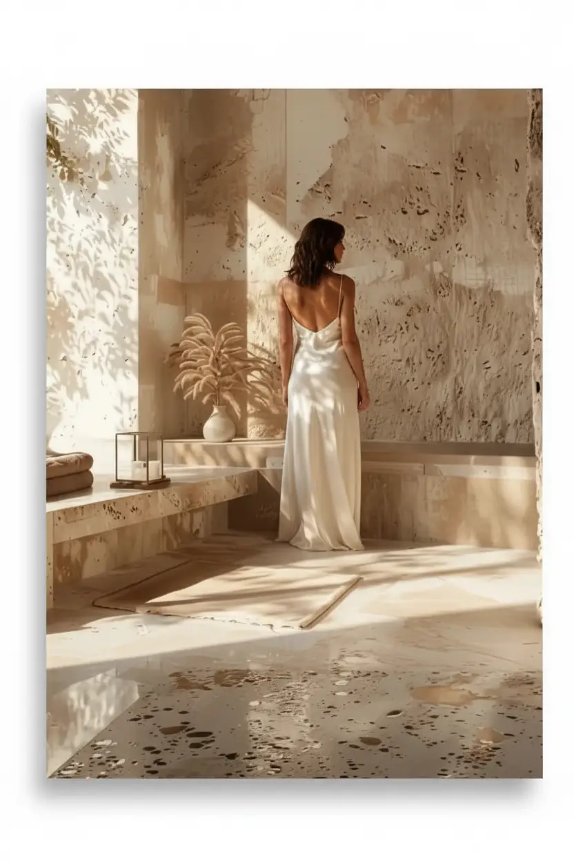 Le Bain de Pierre — Affiche murale minimaliste baignoire travertin pierre ombres feuilles lumière architecture, affiche murale minimaliste avec cadre bois, décoration murale salon ou chambre, style méditerranéen