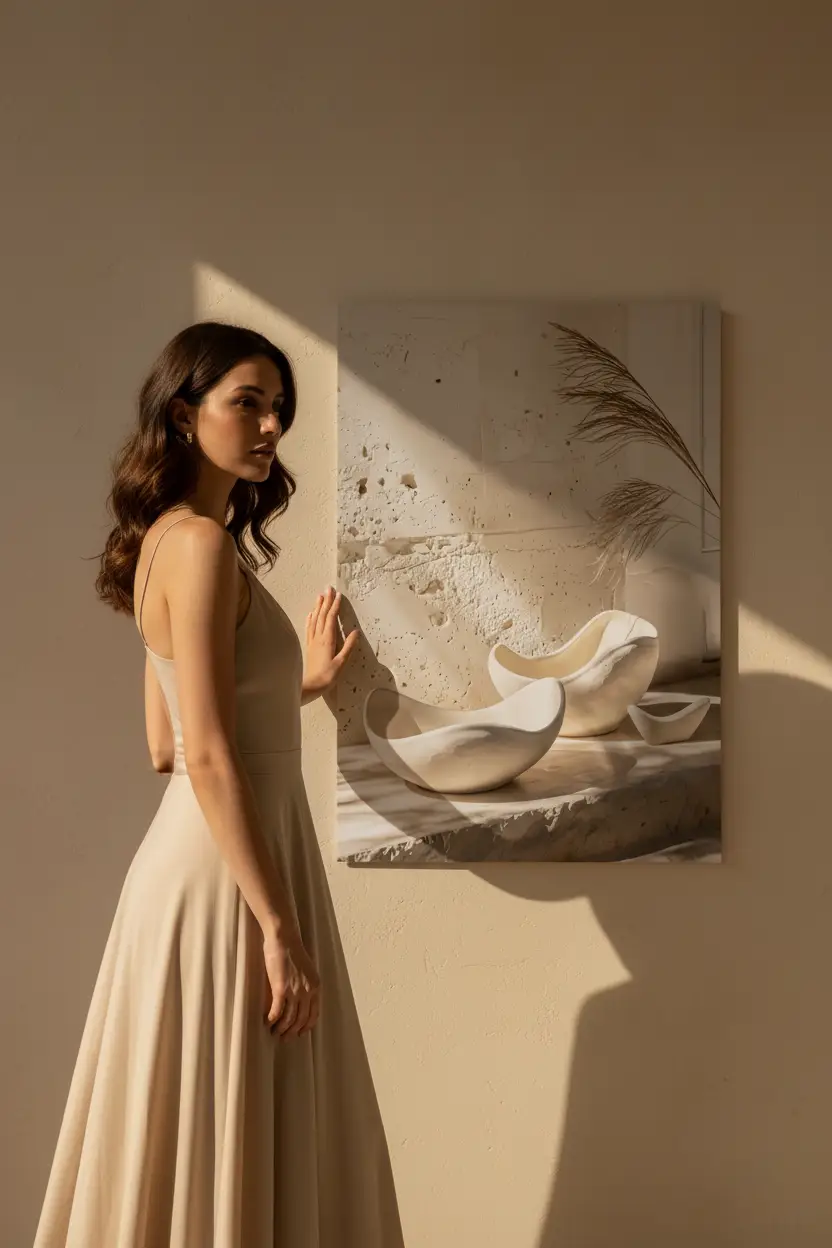 Les Céramiques Sculptées — Affiche murale minimaliste ivoire minéral, affiche murale minimaliste avec cadre bois, décoration murale salon ou chambre, style méditerranéen