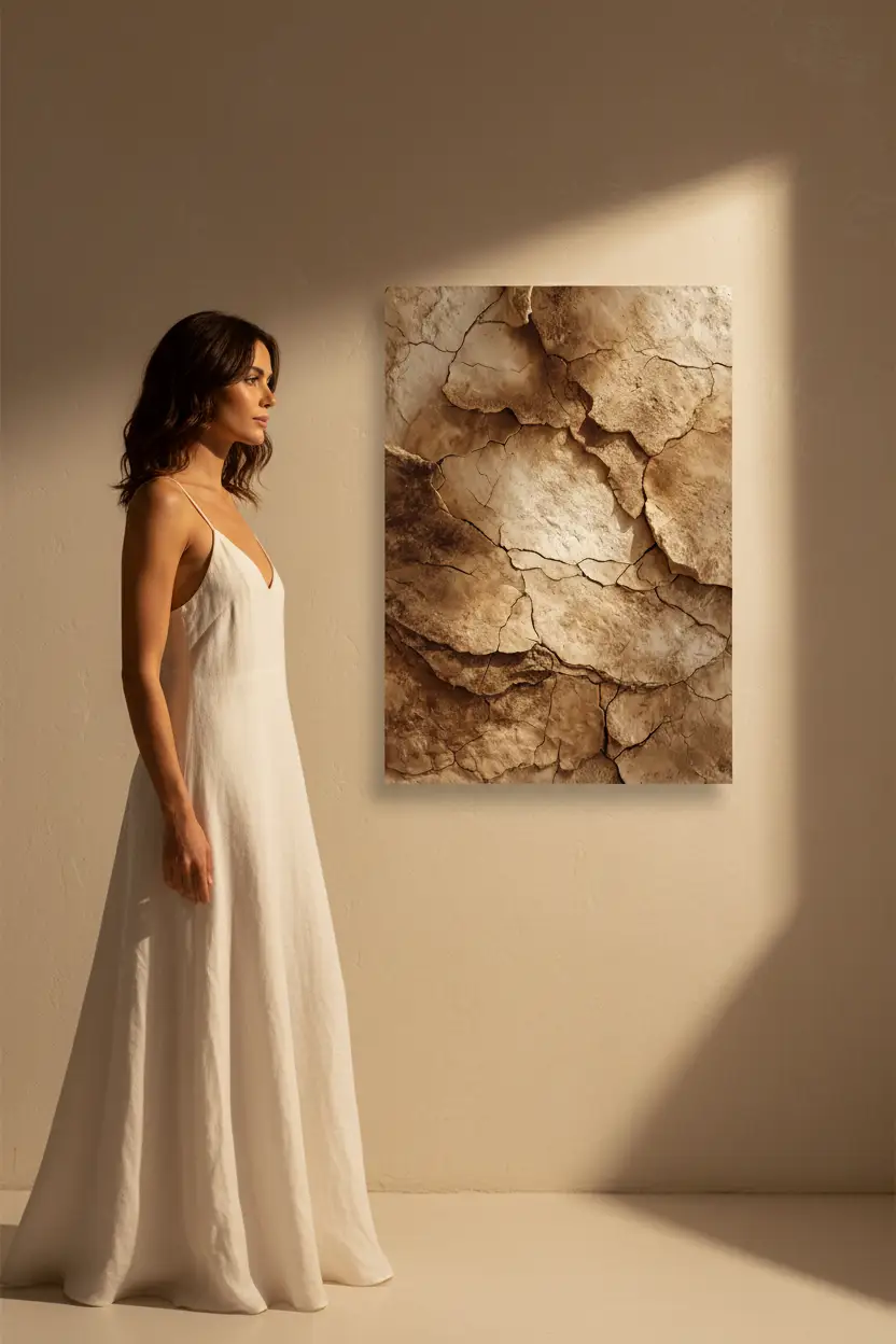 La Terre Fendue — Affiche murale minimaliste minérale sable, affiche murale minimaliste avec cadre bois, décoration murale salon ou chambre, style méditerranéen
